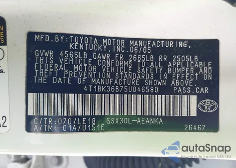 2005 Toyota Avalon Touring z USA, uszkodzony, nr VIN 4T1BK36B75U046580